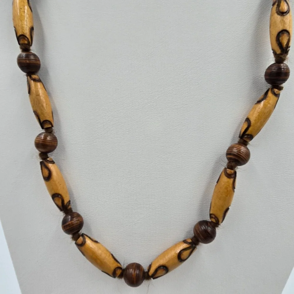 Vintage 90s Brown Wood Chunky Bead Necklace Earthy Statement Fashion Jewelry